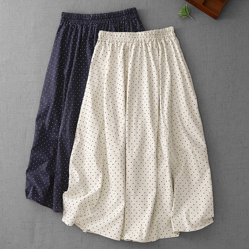 Vintage Polka Dot Cotton Linen Skirt for Women, Summer New Versatile Slimming Elastic Waist A-Line Midi Skirt