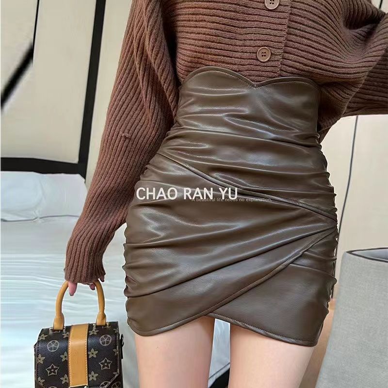 Short Leather Skirt Autumn and Winter New Sexy High Waist Pleated Asymmetrical Design Hip-covering A-line Skirt for Women ins