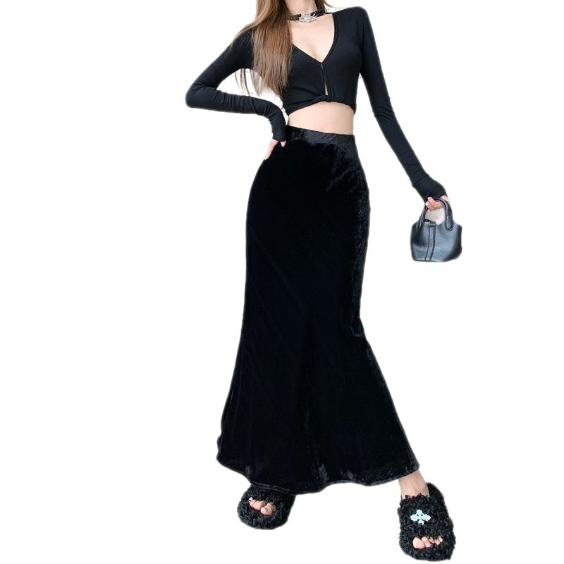 Japanese and Korean Trendyy Velvet Draped Fishtail Skirt Cross-Border Women's Autum New High-Waisted Skirt