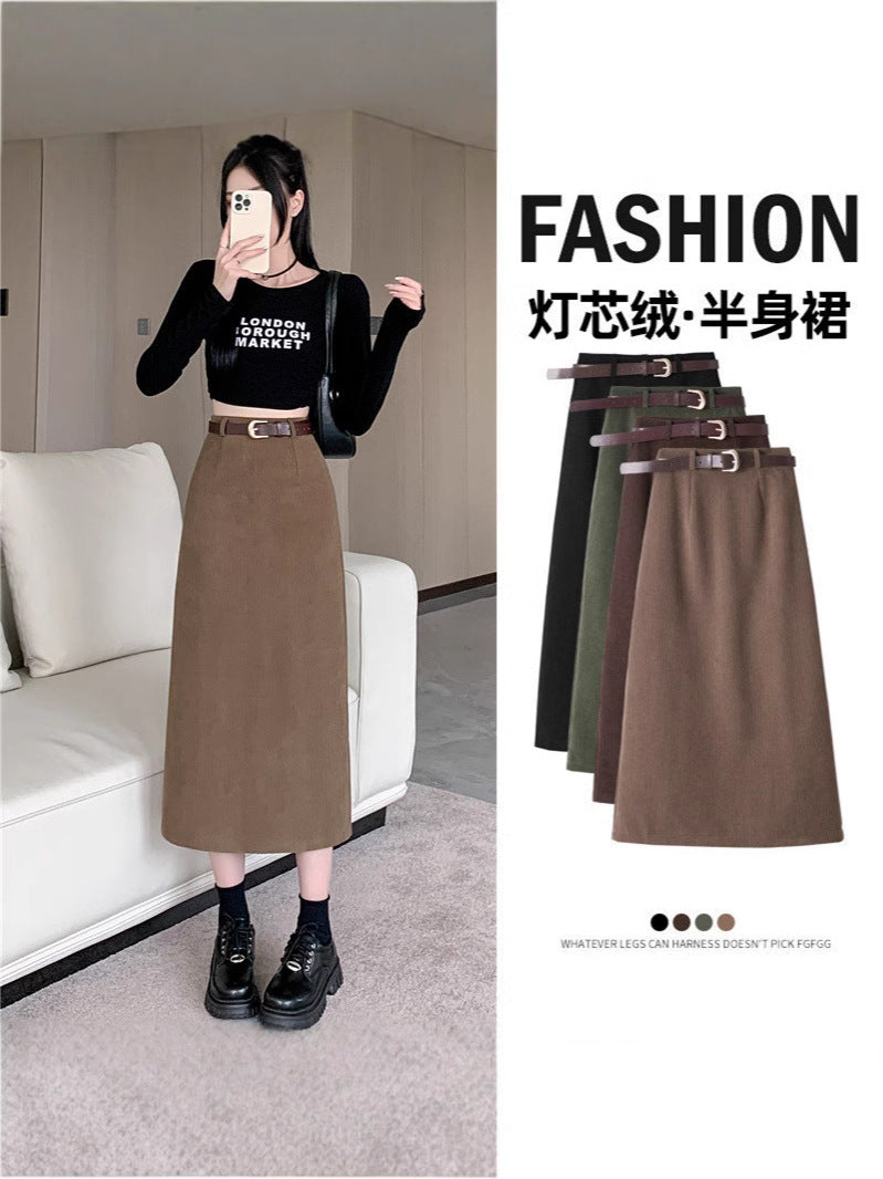 Corduroy Skirt Women's Spring, Autumn and Winter Elegant High Waist Slimming Look Slit Draped Mid-Length Straight A-Line Hip Skirt