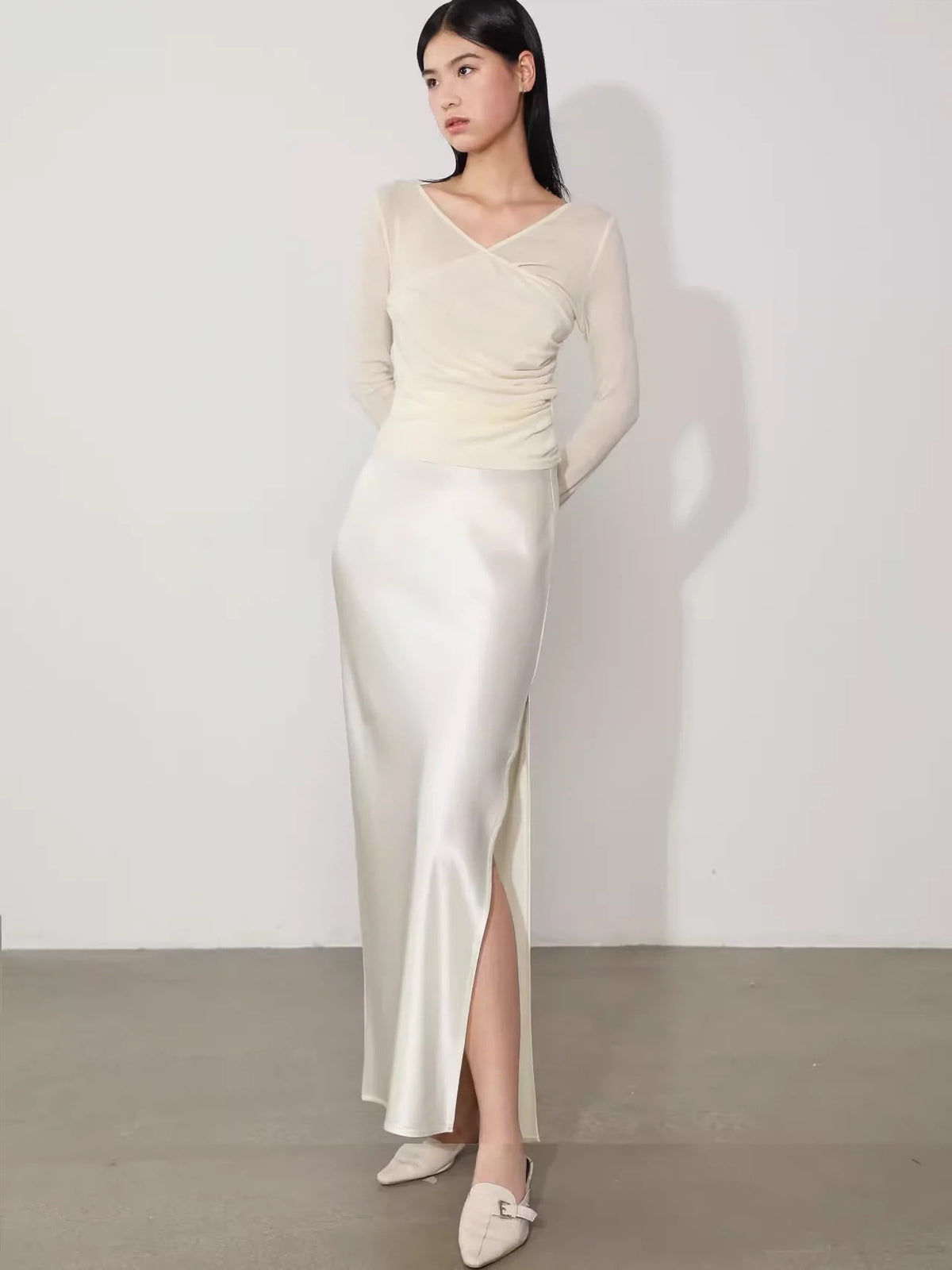 Imported Triacetate Satin 45 ° Bias-Cut Side Slit Extra-Long Floor-Length A-Line Fishtail Elastic Waist Skirt for Women