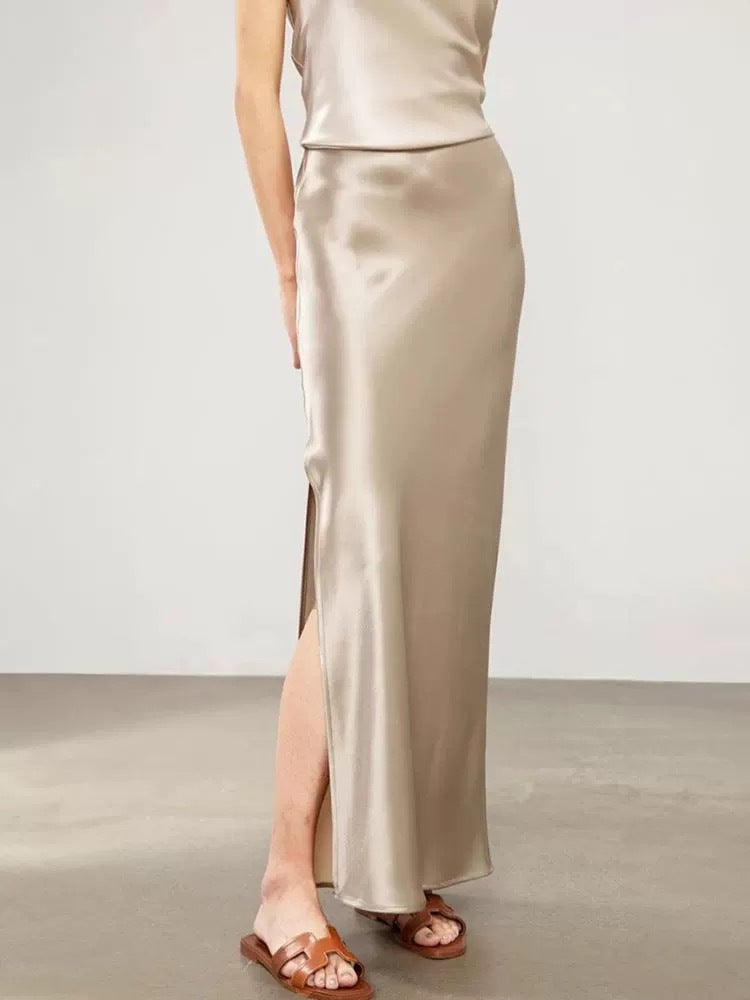 Imported Triacetate Satin 45 ° Bias-Cut Side Slit Extra-Long Floor-Length A-Line Fishtail Elastic Waist Skirt for Women