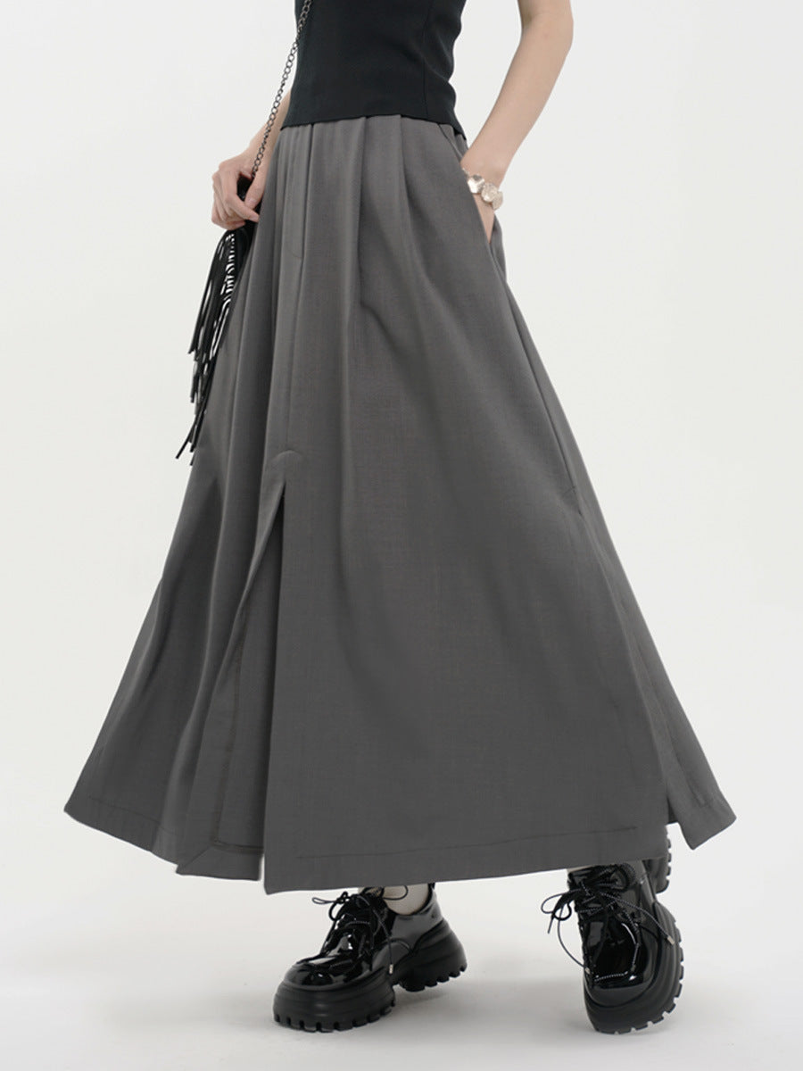 Summer Yamamoto Korean Style Grey Suit Split High Waist Slim A- line Pleated Casual Draped Midi Skirt