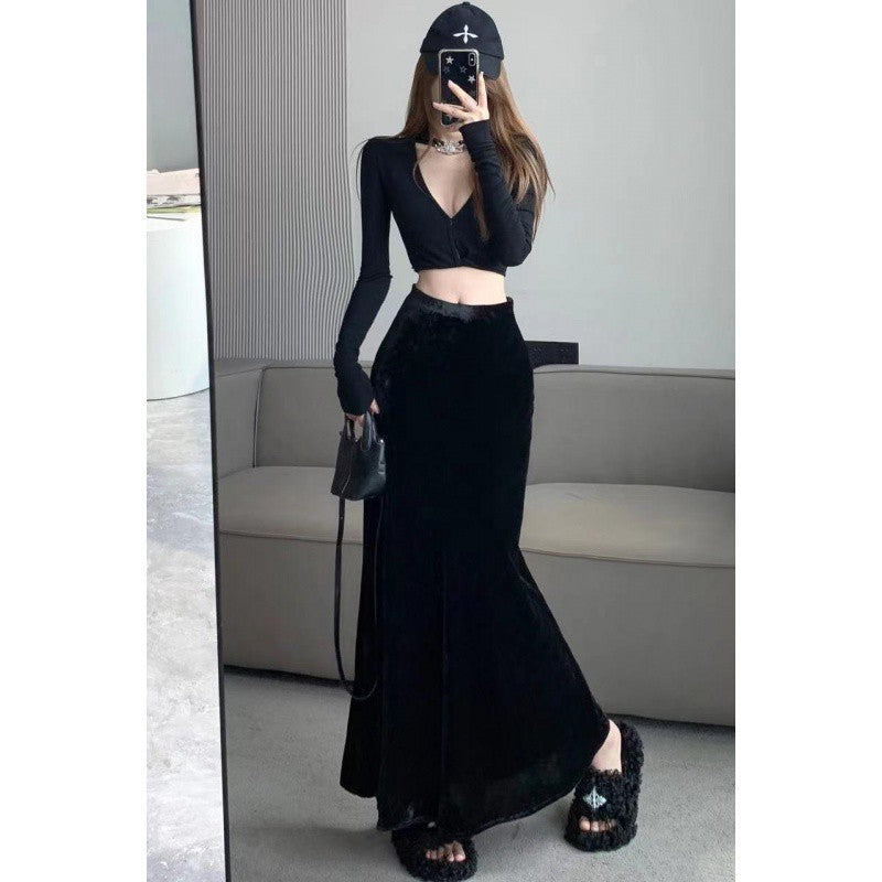 Japanese and Korean Trendyy Velvet Draped Fishtail Skirt Cross-Border Women's Autum New High-Waisted Skirt